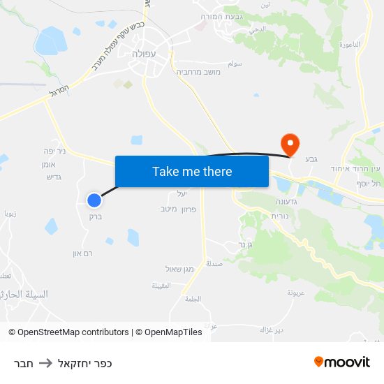 חבר to כפר יחזקאל map