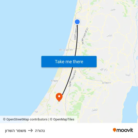 משמר השרון to נהורה map