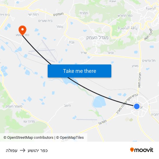 עפולה to כפר יהושע map