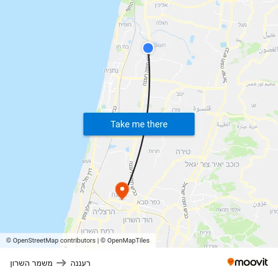 משמר השרון to רעננה map