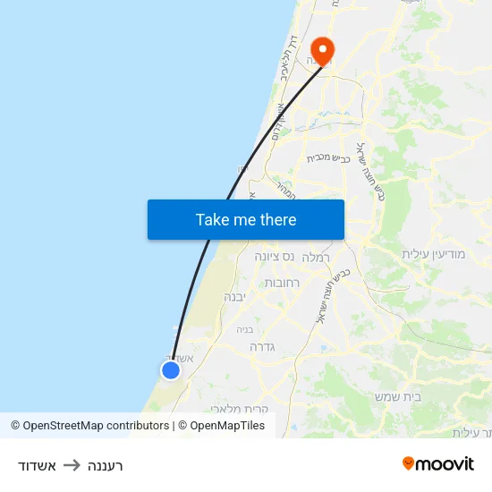 אשדוד to רעננה map