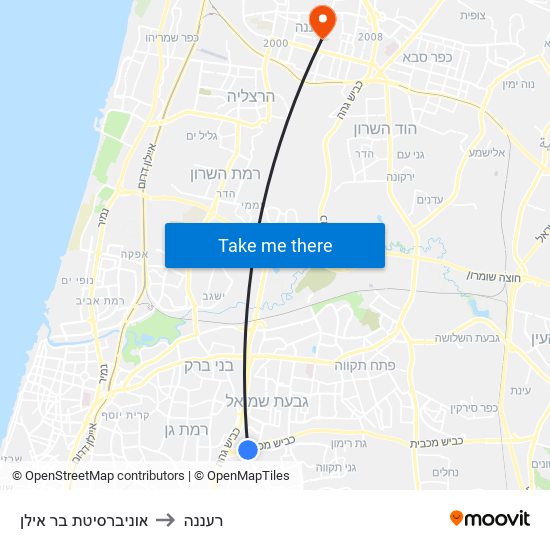 אוניברסיטת בר אילן to רעננה map