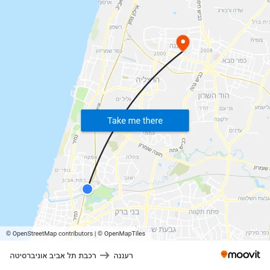 רכבת תל אביב אוניברסיטה to רעננה map