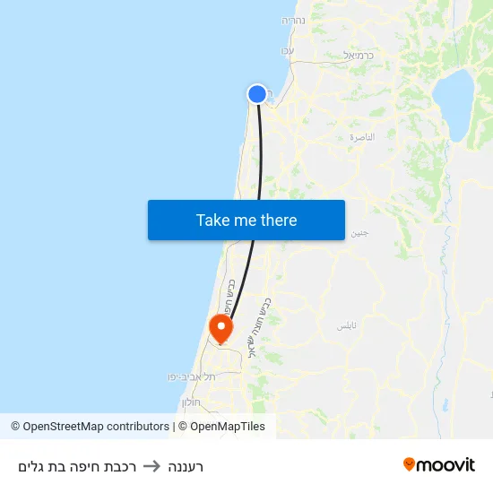 רכבת חיפה בת גלים to רעננה map