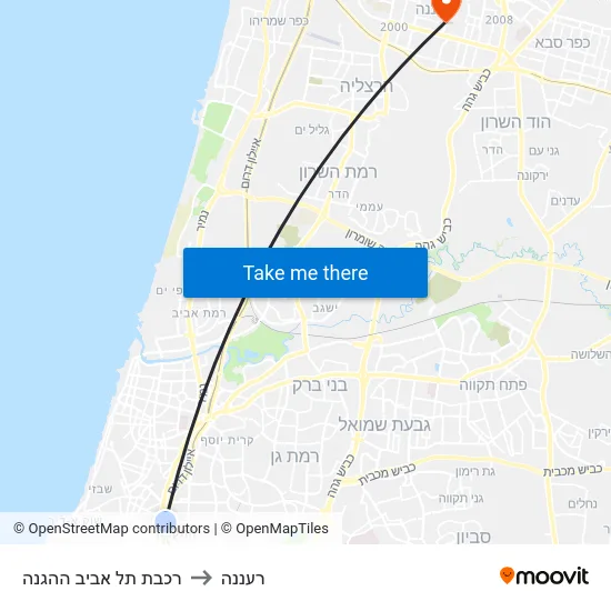 רכבת תל אביב ההגנה to רעננה map
