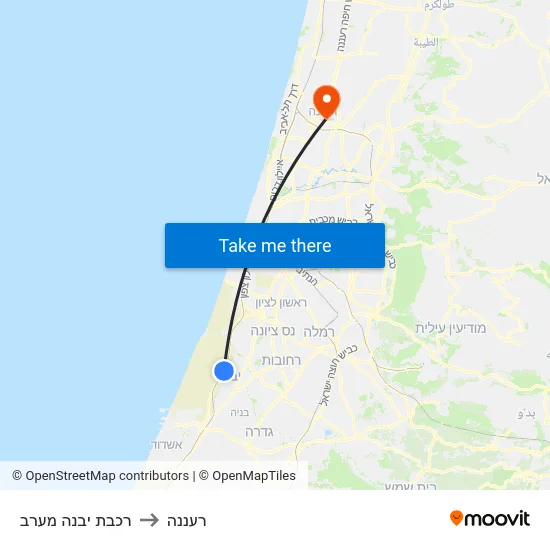 רכבת יבנה מערב to רעננה map