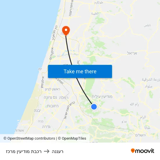 רכבת מודיעין מרכז to רעננה map