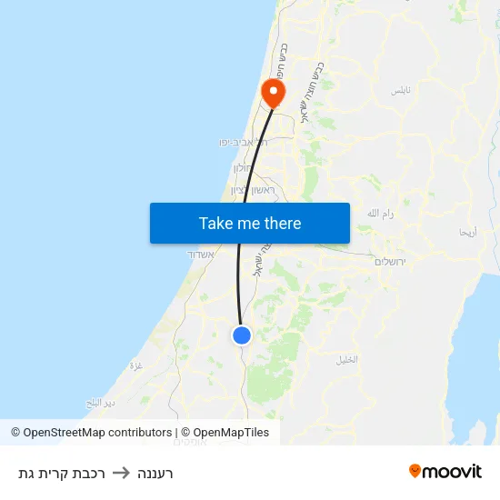 רכבת קרית גת to רעננה map