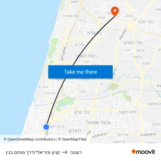 קניון עזריאלי/דרך מנחם בגין to רעננה map