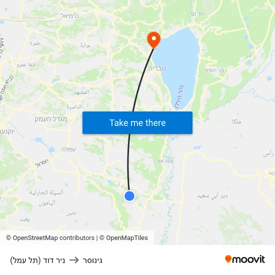 ניר דוד (תל עמל) to גינוסר map