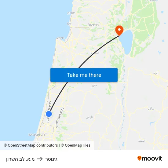מ.א. לב השרון to גינוסר map