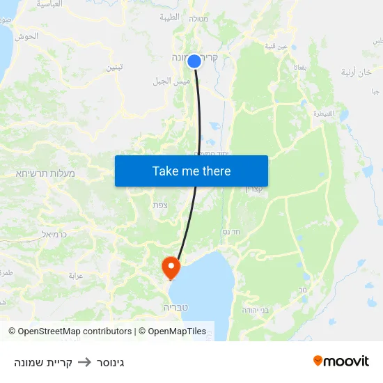 קריית שמונה to גינוסר map