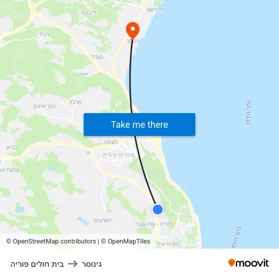 בית חולים פוריה to גינוסר map