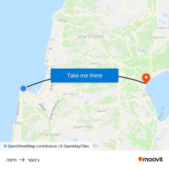 חיפה to גינוסר map