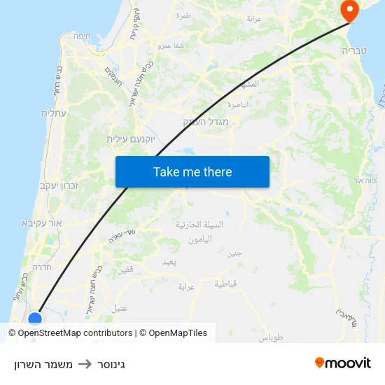 משמר השרון to גינוסר map