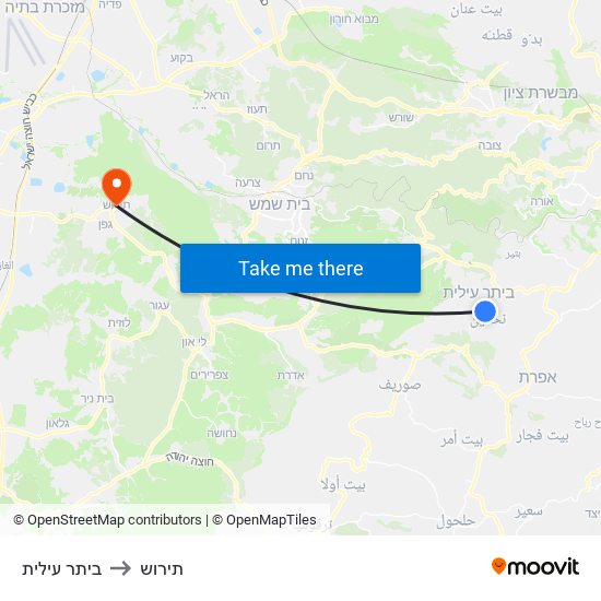 ביתר עילית to תירוש map