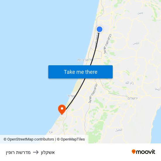 מדרשת רופין to אשקלון map