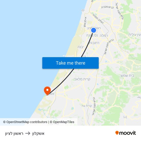 ראשון לציון to אשקלון map