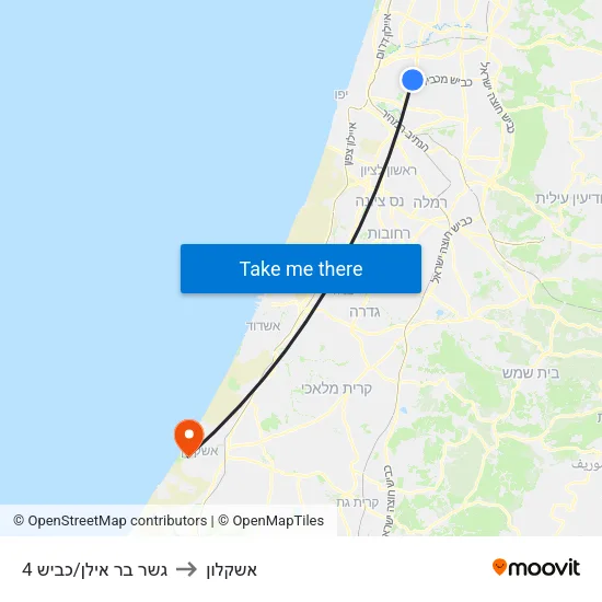 גשר בר אילן/כביש 4 to אשקלון map