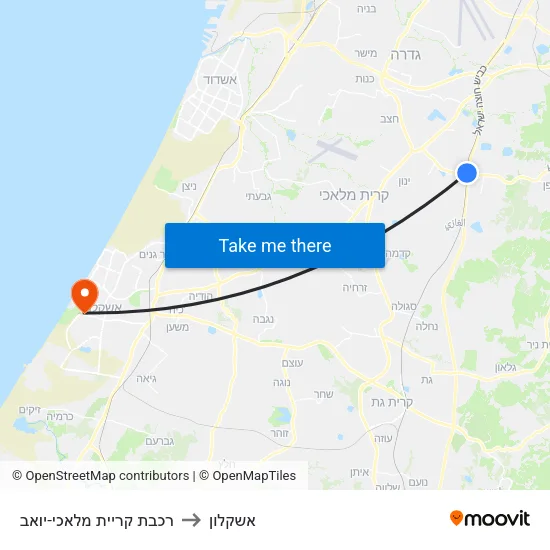 רכבת קריית מלאכי-יואב to אשקלון map