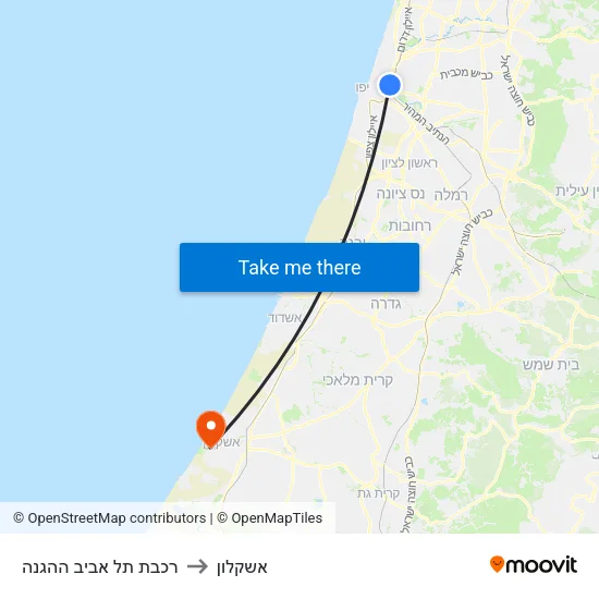 רכבת תל אביב ההגנה to אשקלון map