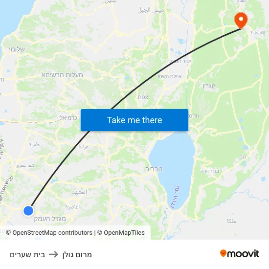 בית שערים to מרום גולן map