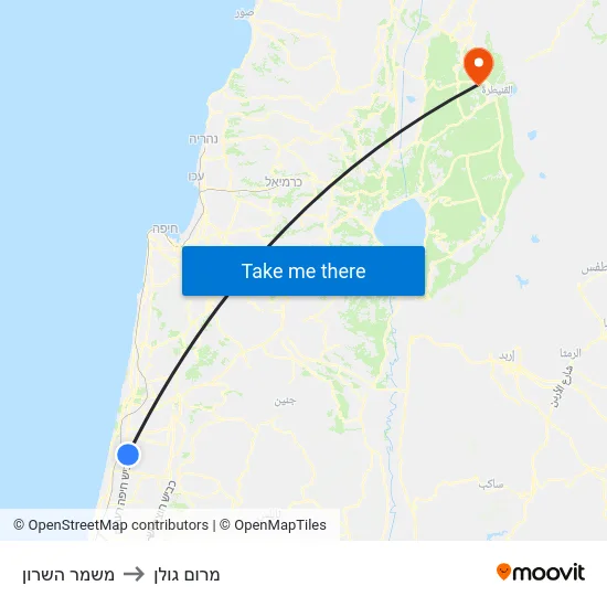 משמר השרון to מרום גולן map