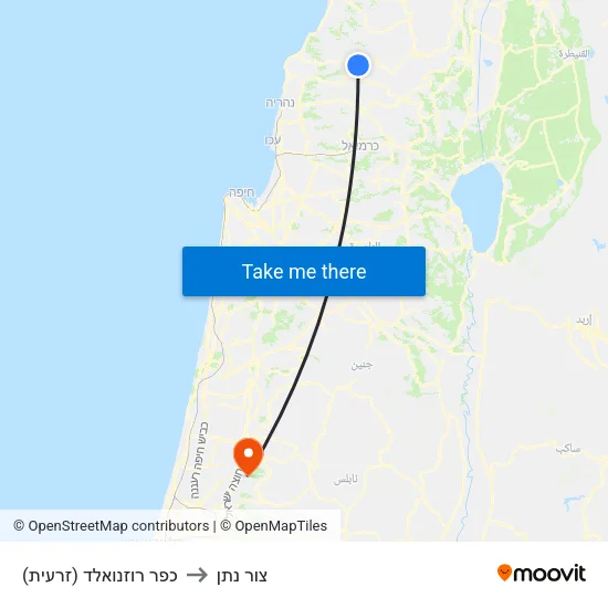 כפר רוזנואלד (זרעית) to צור נתן map