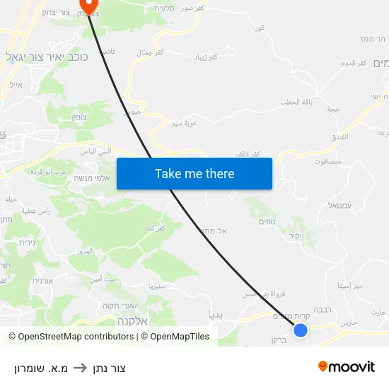 מ.א. שומרון to צור נתן map