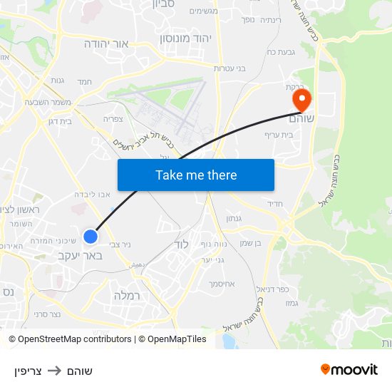 צריפין to שוהם map