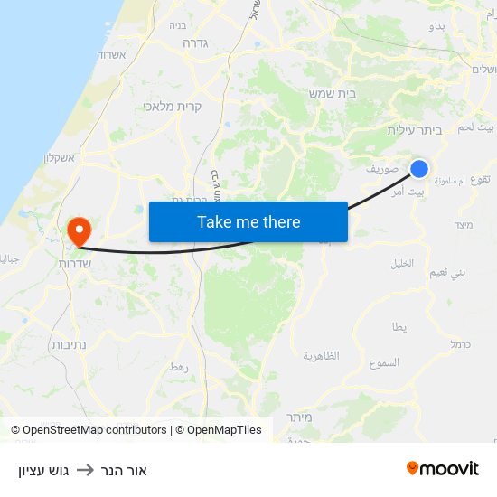 גוש עציון to אור הנר map