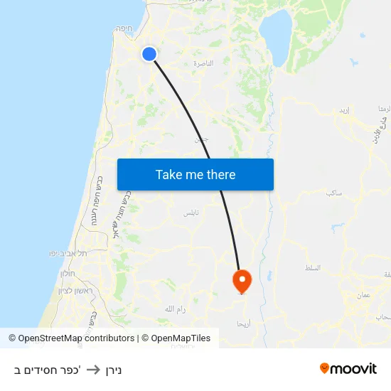 כפר חסידים ב' to נירן map