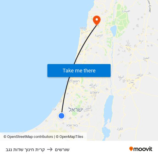 קרית חינוך שדות נגב to שורשים map