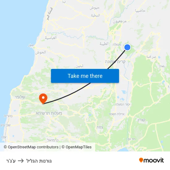 ע'ג'ר to גורנות הגליל map