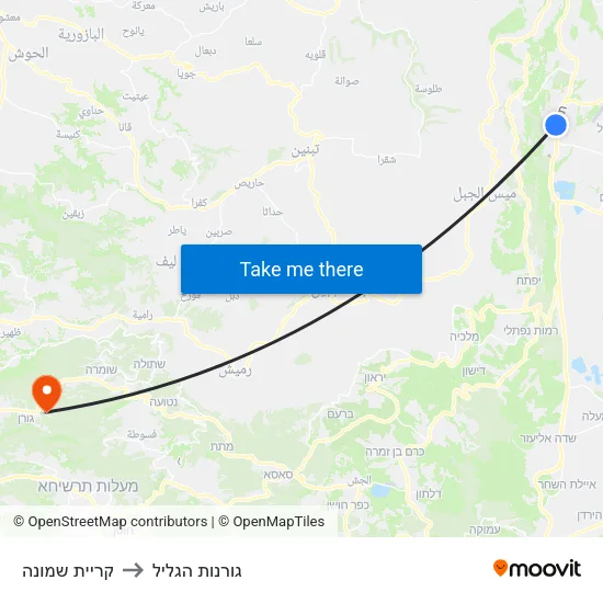 קריית שמונה to גורנות הגליל map