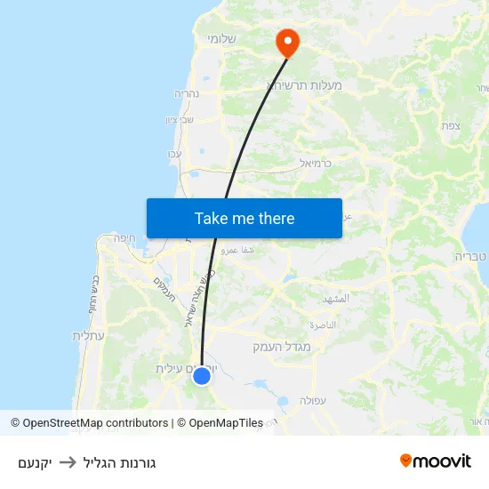 יקנעם to גורנות הגליל map