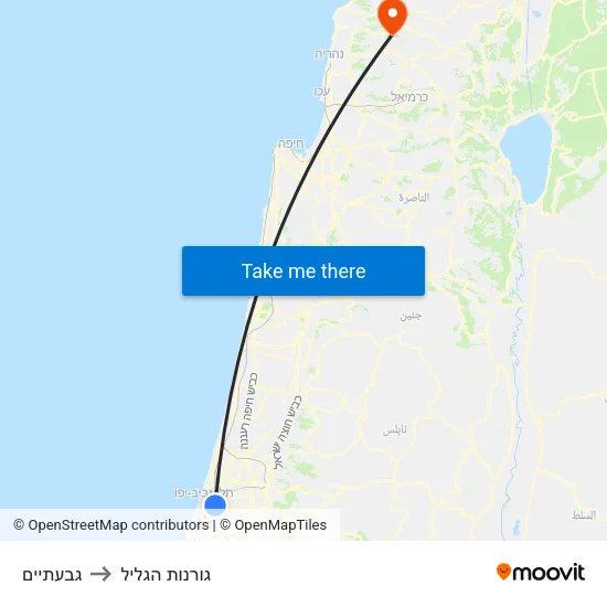 גבעתיים to גורנות הגליל map