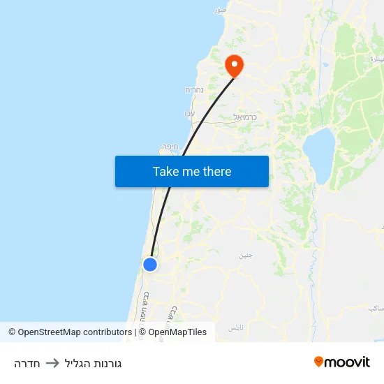חדרה to גורנות הגליל map