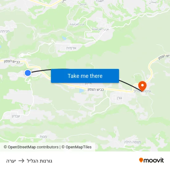 יערה to גורנות הגליל map