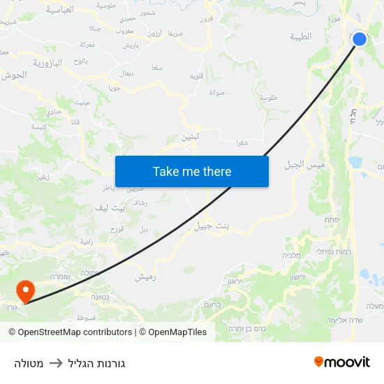 מטולה to גורנות הגליל map