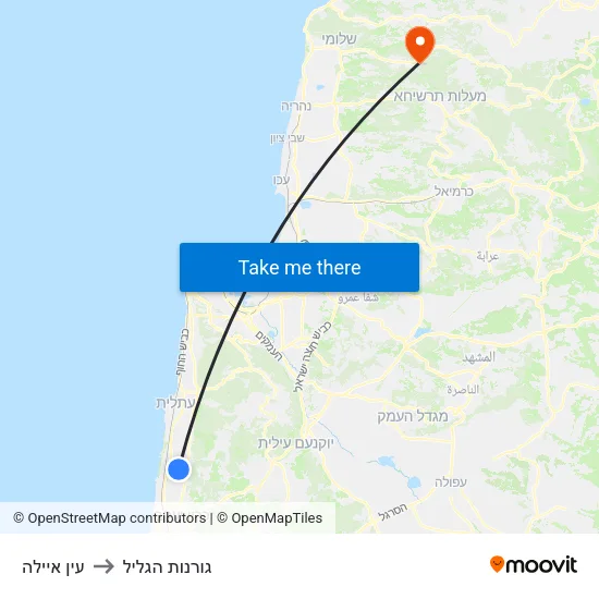 עין איילה to גורנות הגליל map