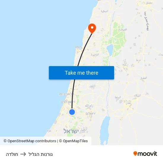 חולדה to גורנות הגליל map