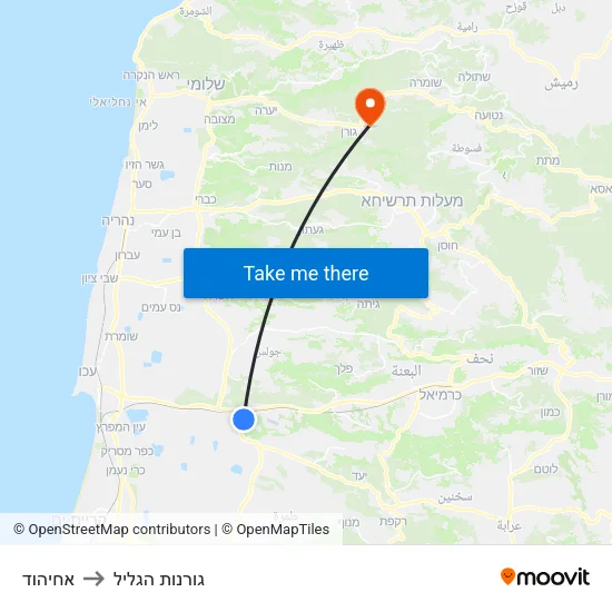 אחיהוד to גורנות הגליל map