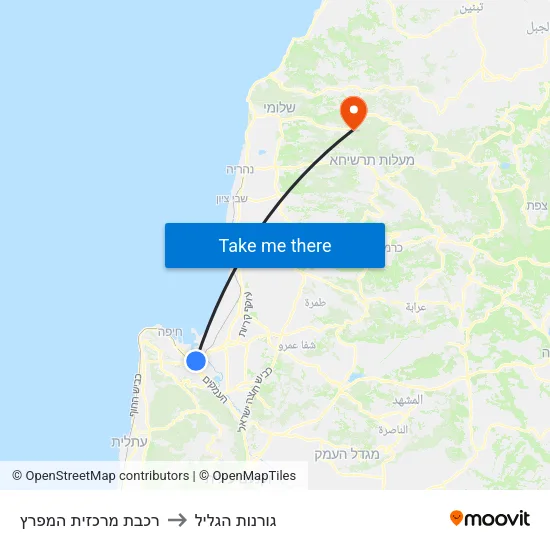 רכבת מרכזית המפרץ to גורנות הגליל map