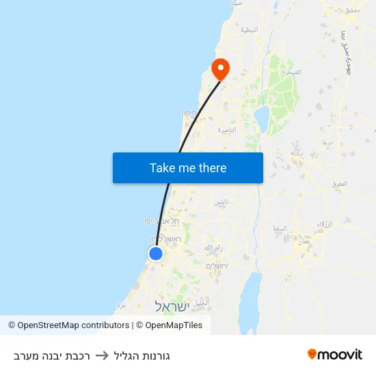 רכבת יבנה מערב to גורנות הגליל map