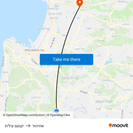 יקנעם עילית to אחיהוד map