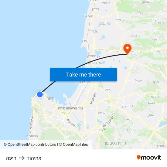 חיפה to אחיהוד map