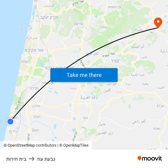 בית חירות to גבעת עוז map