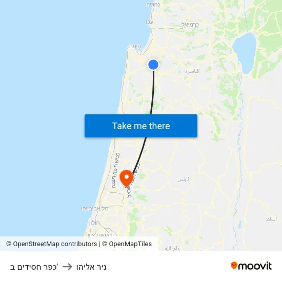כפר חסידים ב' to ניר אליהו map