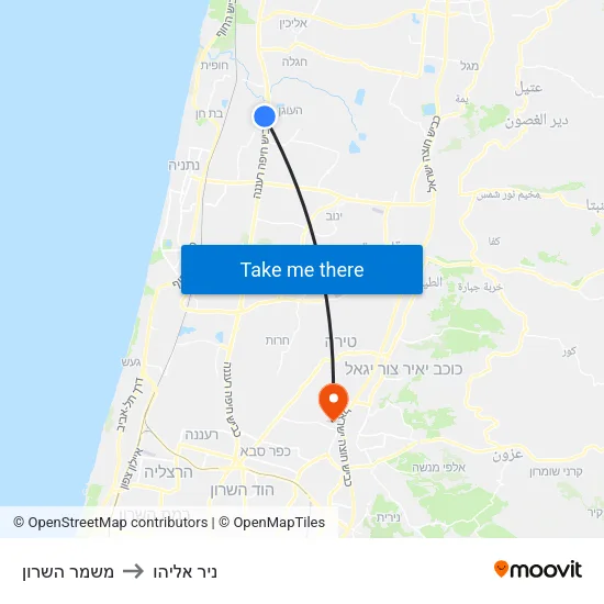משמר השרון to ניר אליהו map